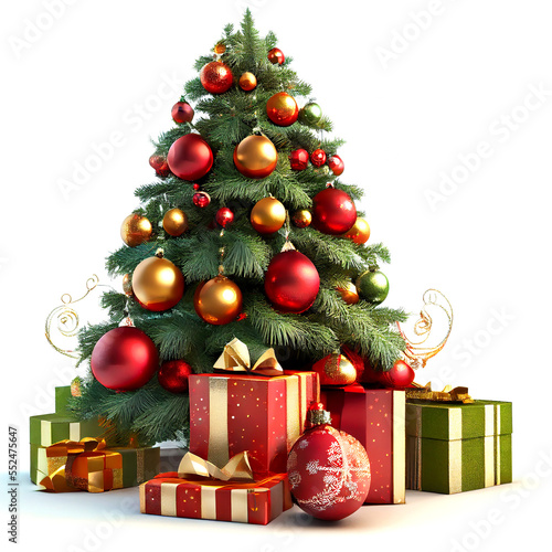 Christmas tree with red and gold baubles, gifts on white background
