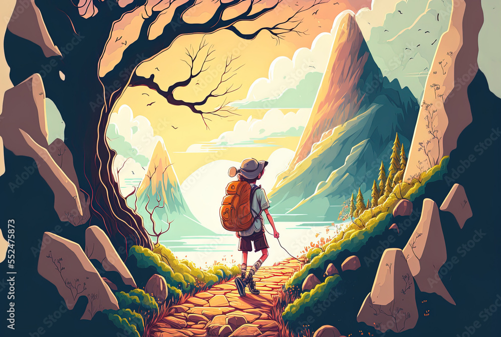 Fototapeta premium enchanting scene of a young traveler strolling over the deserted path climbing up the mountain. Generative AI
