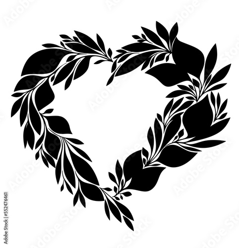 Drawn wreath in the shape of a heart. Isolated silhouette of leaves. Floral black frame.