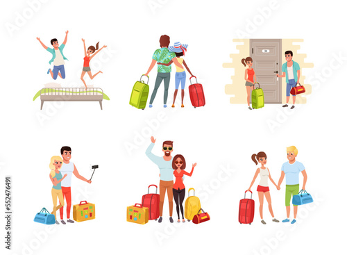 Happy Couple Enjoying Summer Vacation Together Having Honeymoon Trip Vector Set