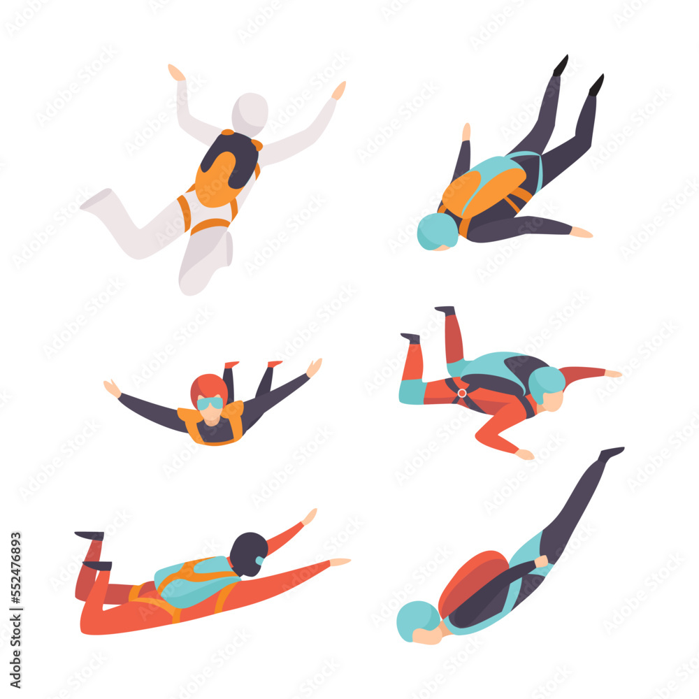 Man Character Skydiving Falling Down with Parachute Vector Set