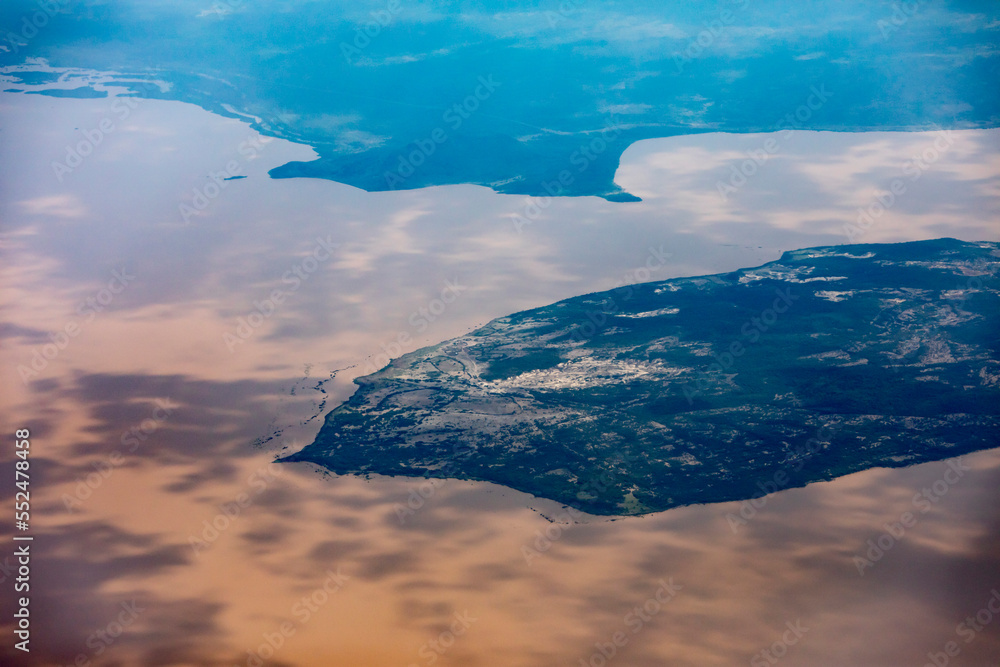 High aerial view of Lake Abaya in the rift valley of Ethiopia.