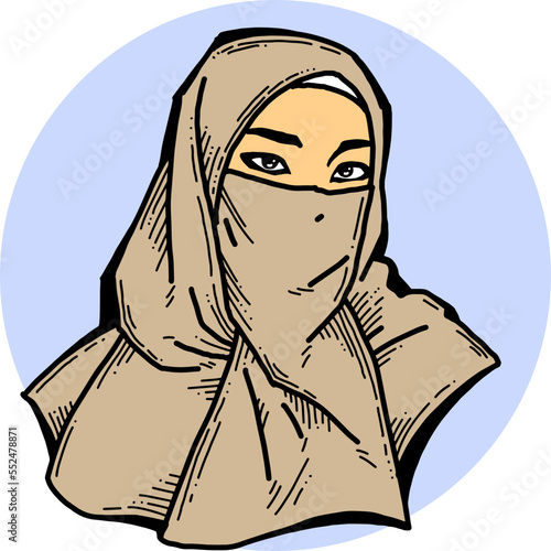 Young Arab woman with beautiful face in traditional fashion niqab head wear. Hand drawn isolated vector line illustration. Comic cartoon character.