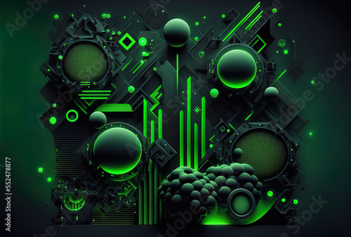 with a neon lit abstract geometric backdrop in black and green. Science fiction example. Generative AI
