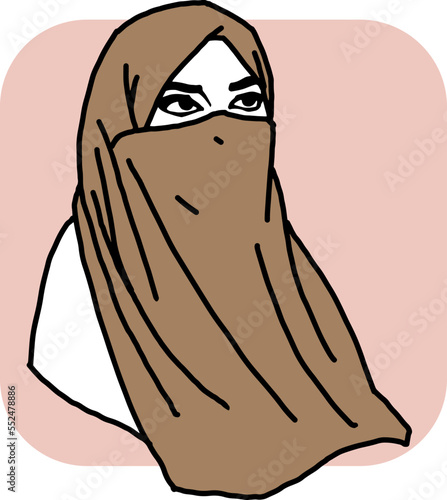 Young Arab woman with beautiful face in traditional fashion niqab head wear. Hand drawn isolated vector line illustration. Comic cartoon character.