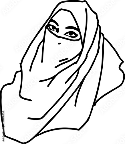 Young Arab woman with beautiful face in traditional fashion niqab head wear. Hand drawn isolated vector line illustration. Comic cartoon character.