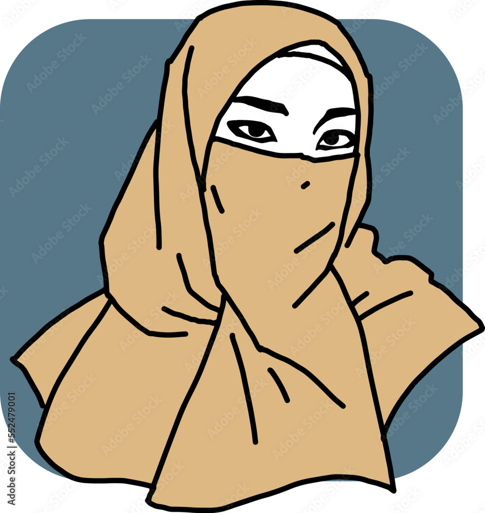 Young Arab woman with beautiful face in traditional fashion niqab head wear. Hand drawn isolated vector line illustration. Comic cartoon character. Young Arab woman with beautiful face in traditional fashion niqab head wear. Hand drawn isolated vector line illustration. Comic cartoon character.