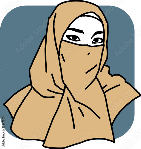Young Arab woman with beautiful face in traditional fashion niqab head wear. Hand drawn isolated vector line illustration. Comic cartoon character.