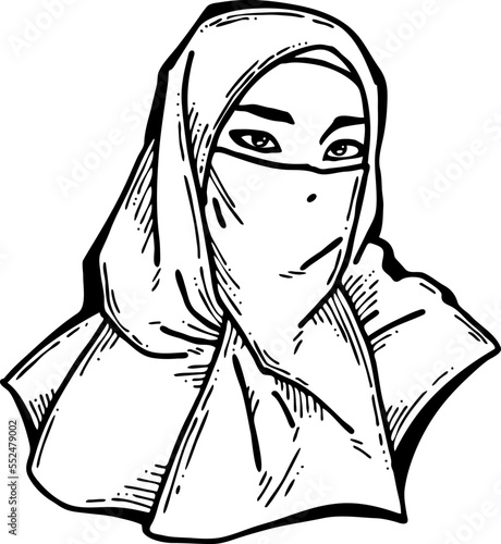 Young Arab woman with beautiful face in traditional fashion niqab head wear. Hand drawn isolated vector line illustration. Comic cartoon character.