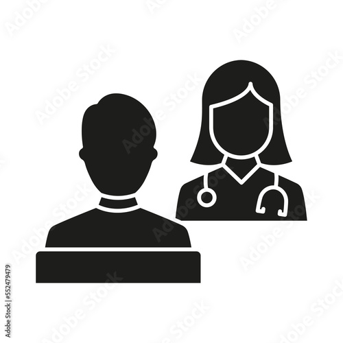 Hospital Physician Counseling Patient Silhouette Icon. Consultation of Patient and Doctor with Stethoscope Glyph Black Pictogram. Health Care Dialog Icon. Isolated Vector Illustration