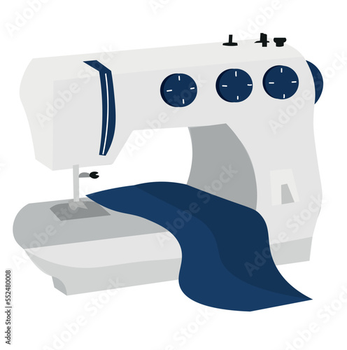 Sewing machine with fabric on white background