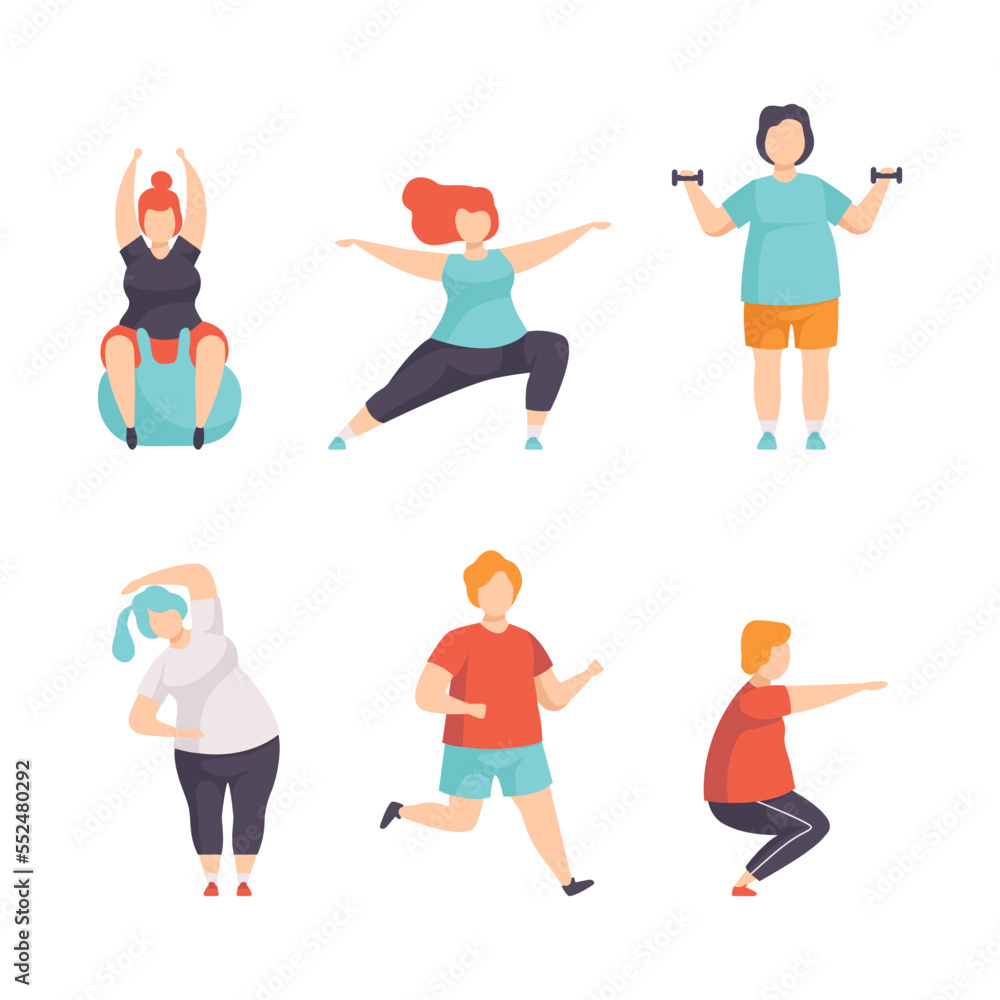 Overweight People Characters Doing Sports and Physical Exercise at Gym Vector Set Overweight People Characters Doing Sports and Physical Exercise at Gym Vector Set