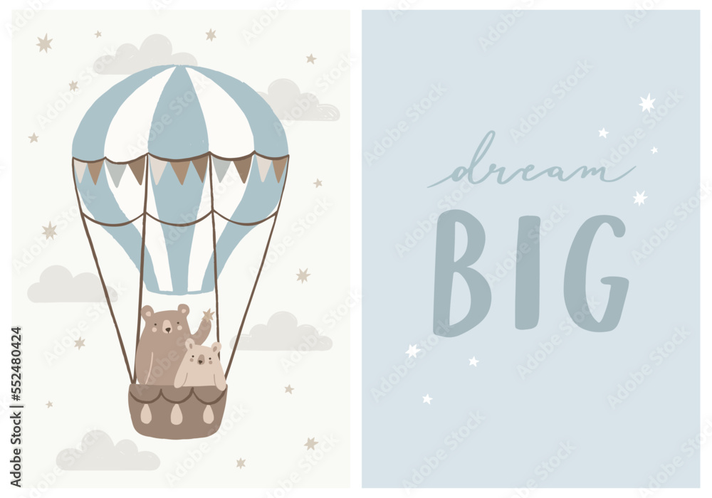Fototapeta premium Hand Drawn Set In Blue Color With Cute Bears Flying In Hot Air Balloon And Inspirational Quote ”Dream Big” Hand Lettering Graphic. Ideal For Nursery Wall Art.