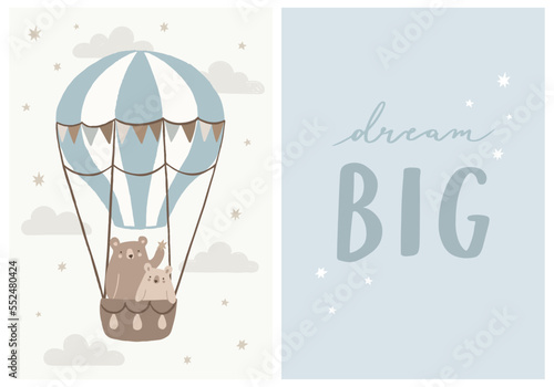 Hand Drawn Set In Blue Color With Cute Bears Flying In Hot Air Balloon And Inspirational Quote ”Dream Big” Hand Lettering Graphic. Ideal For Nursery Wall Art.