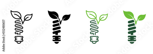 Spiral Light Bulb Line and Silhouette Icon Set. Eco Electric Power Lightbulb with Leaf Pictogram. Ecology Electricity Energy Symbol Collection on White Background. Isolated Vector Illustration