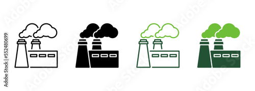 Power Station with Smoke Line and Silhouette Icon Set. Industrial Factory Pictogram. Plant Production Nuclear Pollution Symbol Collection on White Background. Isolated Vector Illustration
