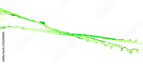 Green juice from nature splash in Air. Water green leaf pour from sky and purify clean natural. Many shape form of water splashing flow over White background Isolated.
