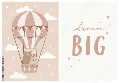 Hand Drawn Set In Neutral Colors With Cute Bears Flying In Hot Air Balloon And Inspirational Quote ”Dream Big” Hand Lettering Graphic. Ideal For Nursery Wall Art.