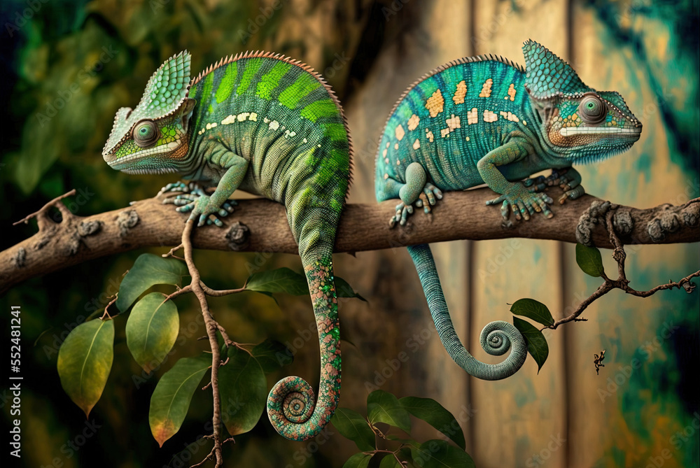Fototapeta Here we see a pair of chameleons perched on a limb. color-changing chameleon in Zanzibar. Generative AI
