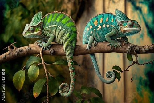Obraz Here we see a pair of chameleons perched on a limb. color-changing chameleon in Zanzibar. Generative AI