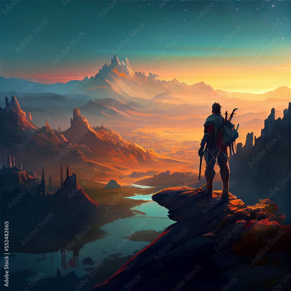 Fototapeta premium Explorer surveying landscape on planet