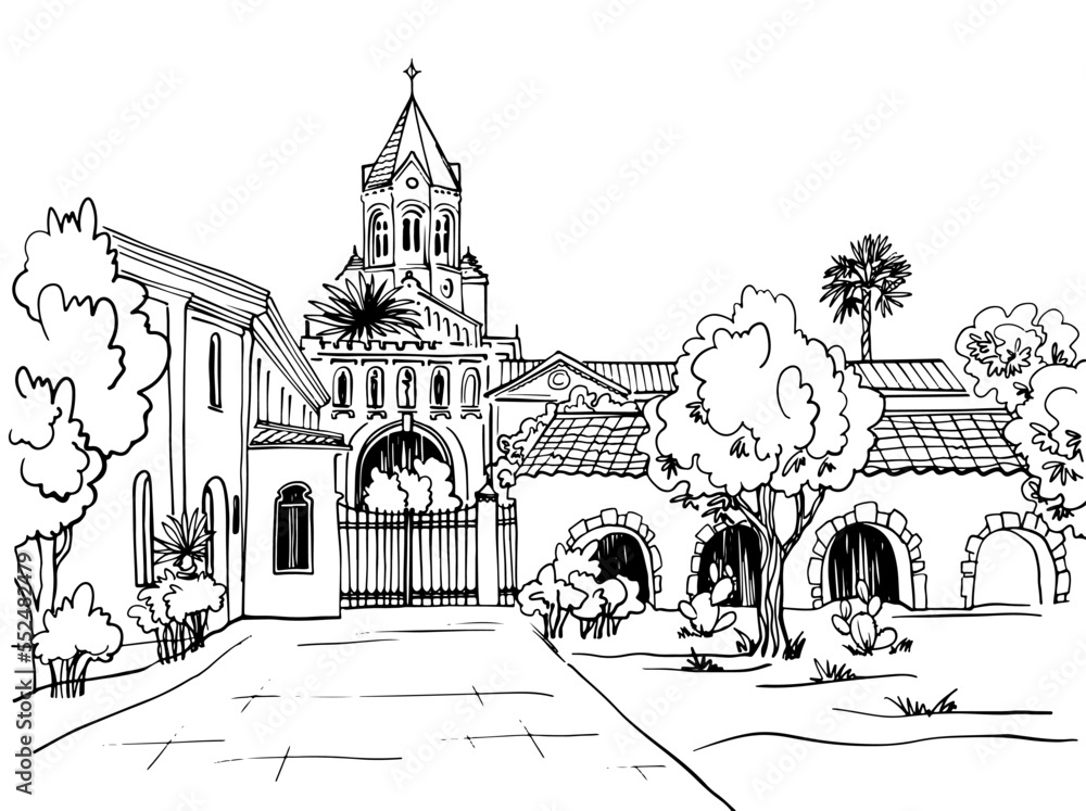 Nice view of the old monastery. France. Hand drawn sketch style. Line art. Ink drawing. Digital illustration. Vector background