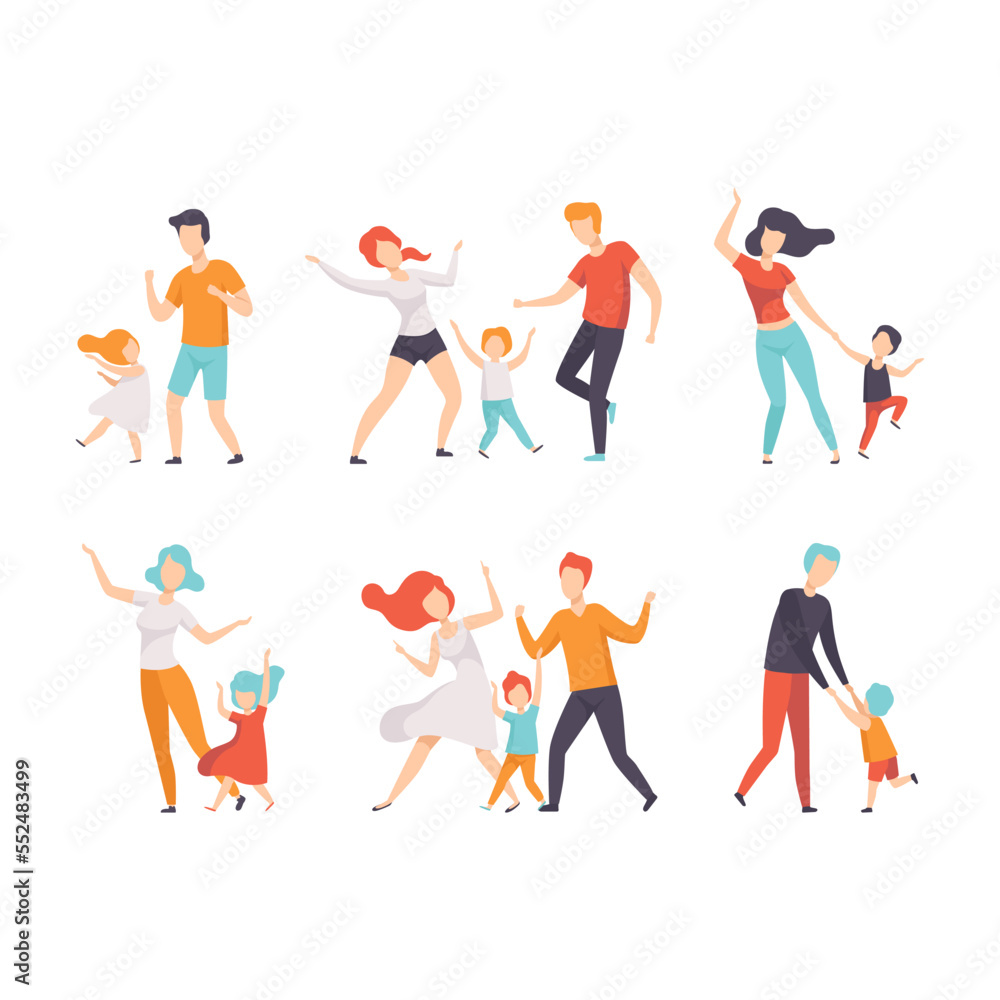 Parents and Their Children Dancing Spending Good Time Together Vector Set