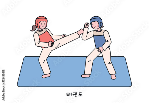 Korean traditional martial arts. Two taekwondo players are competing.