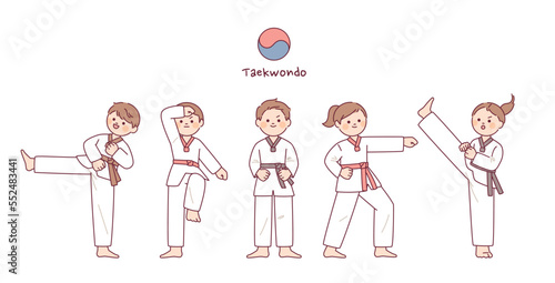 Children doing various movements of Taekwondo.