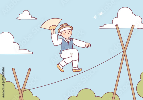 A traditional Korean circus, a tightrope walker is jumping on the rope with a fan in one hand.