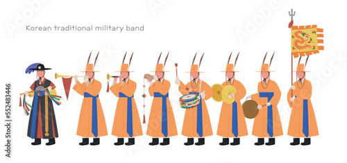 Korean traditional military band. Soldiers in traditional costumes are playing traditional musical instruments.