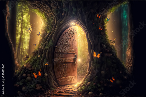 Fantasy enchanted fairy tale forest with magical opening secret door and mystical shine light outside the gate and  fairytale butterflies 
