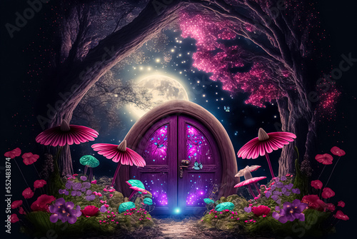 Fantasy enchanted fairy tale forest with magical opening secret door and mystical shine light outside the gate, mushrooms, and  fairytale butterflies 
