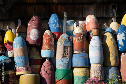 Buoys hanging in front of house, Rockport, Massachusetts, USA