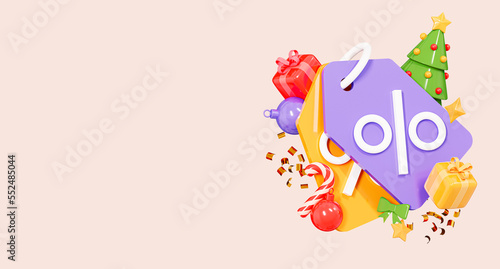 3D Merry Christmas and Happy New year discounts and promotions. Price tag with percentage sale. Festive decoration. Cartoon creative design banner with empty copy space. Isolated poster. 3D Rendering