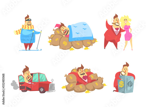 Fat Rich Millionaire Man in Red Suit Sleeping on Money Sacks  with Blond Woman  Embracing Safe Box  Driving Car and Skiing Vector Set