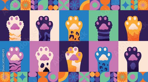 Cats paws set. Collection of bright posters and banners for website. Minimalistic creativity and art. Pets, kittens and animals. Cartoon flat vector illustrations isolated on bright background