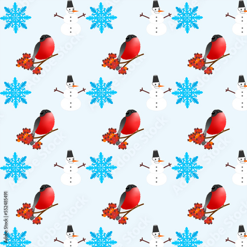 Winter patten with snowman, snowflake and winter bird