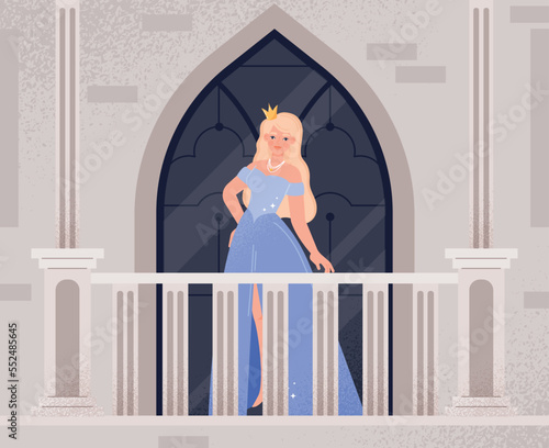 Balcony castle concept. Woman in blue dress and crown stands and looks out window. Princess and young girl at middle Ages. Aesthetics and elegance, queen and luxury. Cartoon flat vector illustration