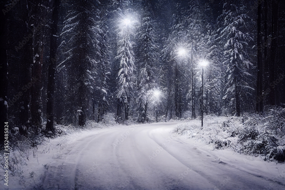 Obraz premium winter road in the forest with lights