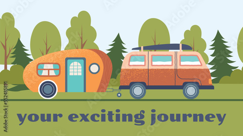 Truck with camping. Your delightful journey, active lifestyle and tourism. Hiking and active lifestyle. Holiday, rest and vacation. Poster or banner for website. Cartoon flat vector illustration