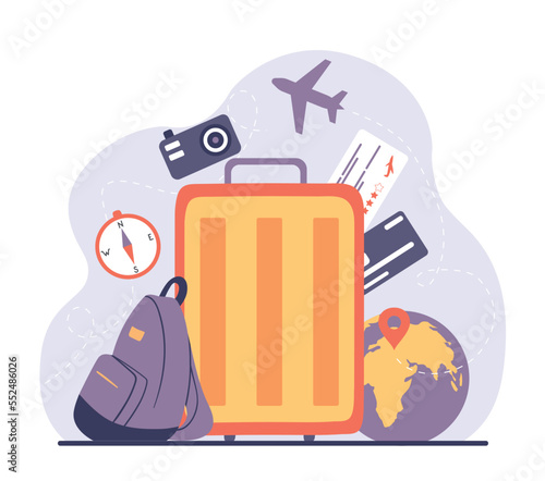 Things necessary traveler. Bags and suitcase with camera and tickets on backdrop of plane taking off. Tourism and recreation in tropical and exotic countries, sights. Cartoon flat vector illustration