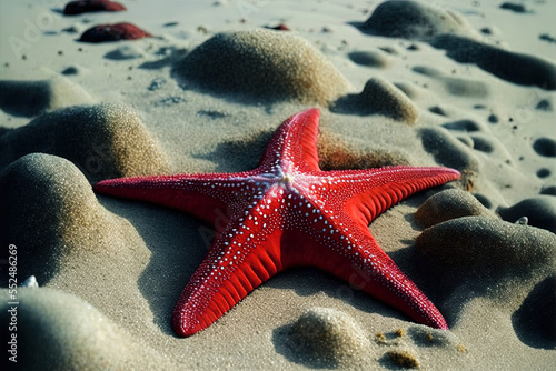 At low tide, you may see a red seastar among the algae on the sandy beach. Ngi Whia, Zanzibar, and Tanganyika Generative AI photo