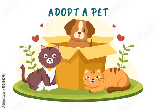 Adopt a Pet From an Animal Shelter in the Form of Cats or Dogs to Care for and Look After in Flat Cartoon Hand Drawn Templates Illustration