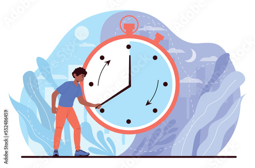 Man managing time. Young person stands next to clock, organizes efficient workflow. Prioritization, scheduling and goal setting. Poster or banner for website. Cartoon flat vector illustration