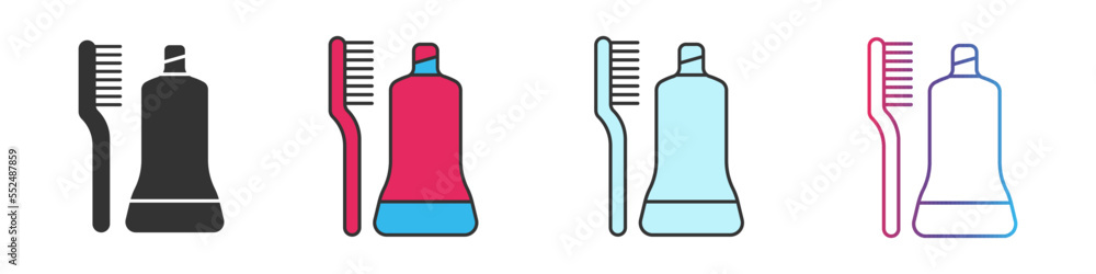 Toothbrush and toothpaste different style icons set. Outline and filled vector sign. Toothbrush and toothpaste different style icons set. Outline and filled vector sign.