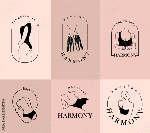 Female body logotypes set. Collection of minimalist posters and banners for website. Aesthetics and elegance, beauty. Fashion and trend. Cartoon flat vector illustrations isolated on beige background