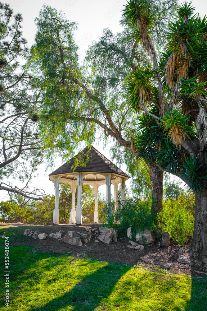Gazebo or pavilion at sunrise in a tropical garden with willow and palm trees  at Alta Vista park in Vista, Southern California