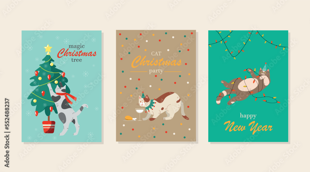 Cats copy cards set. Collection of posters or banners for website. Greeting postcard design for New Year and Christmas, winter holidays. Cartoon flat vector illustrations isolated on white background