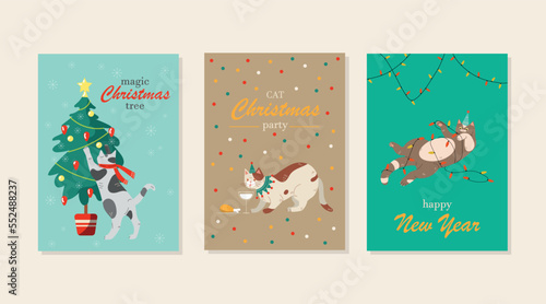 Cats copy cards set. Collection of posters or banners for website. Greeting postcard design for New Year and Christmas  winter holidays. Cartoon flat vector illustrations isolated on white background